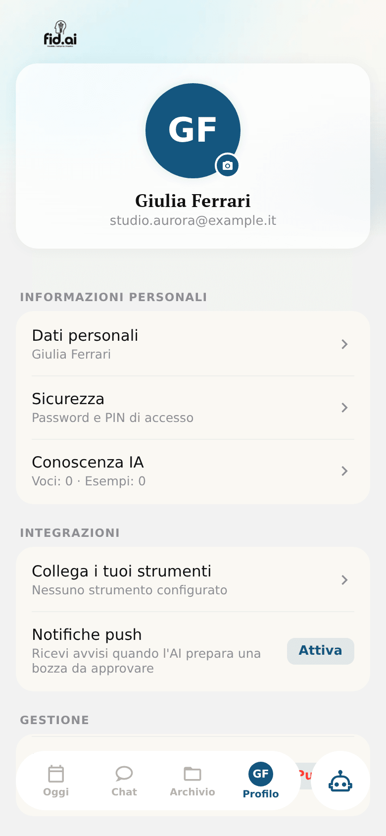 Il profilo dello studio, con le impostazioni dell'assistente